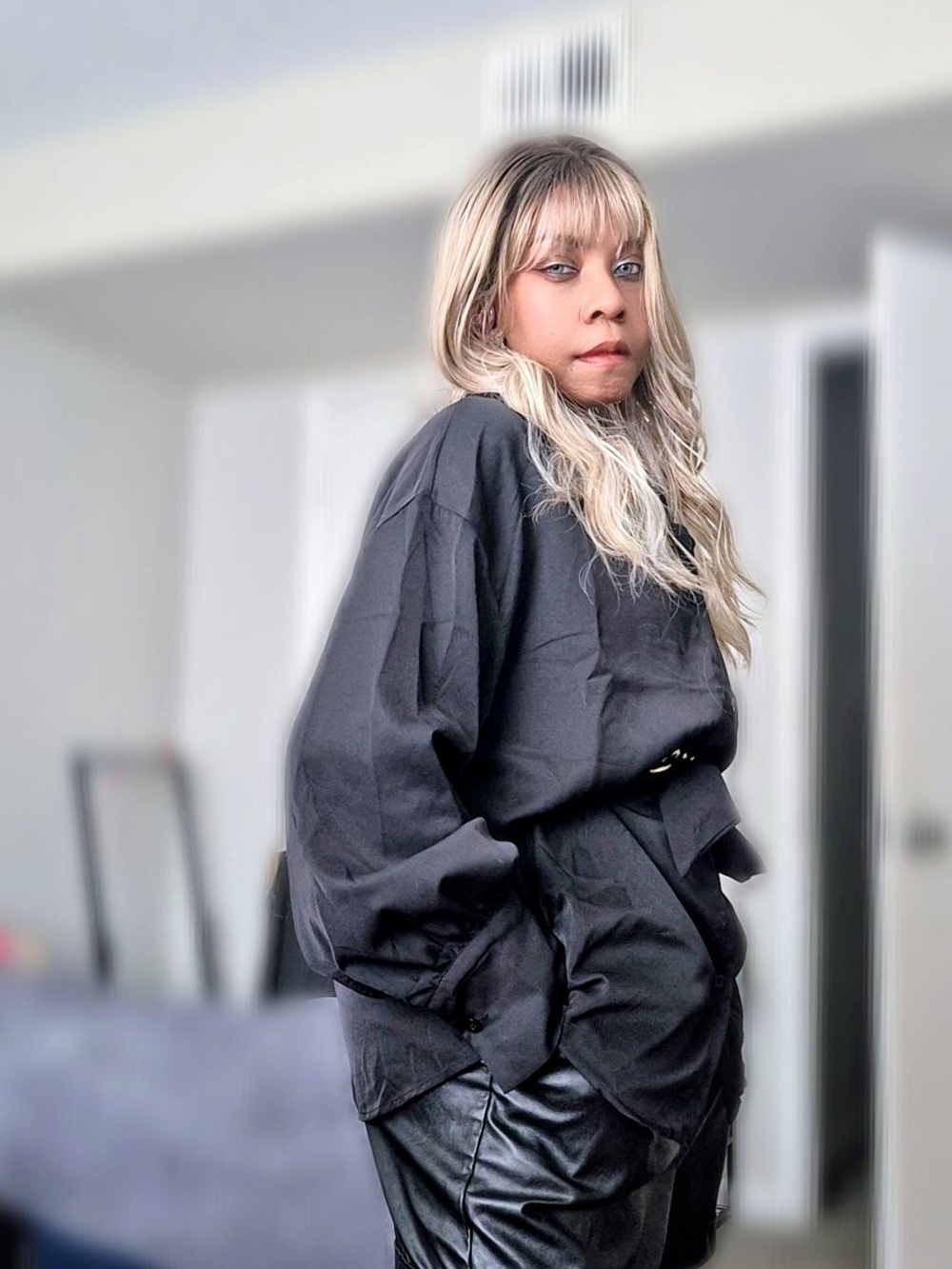 Black Oversized Women's Shirt With Gold Tie Belt- Contemporary Layered With Puse